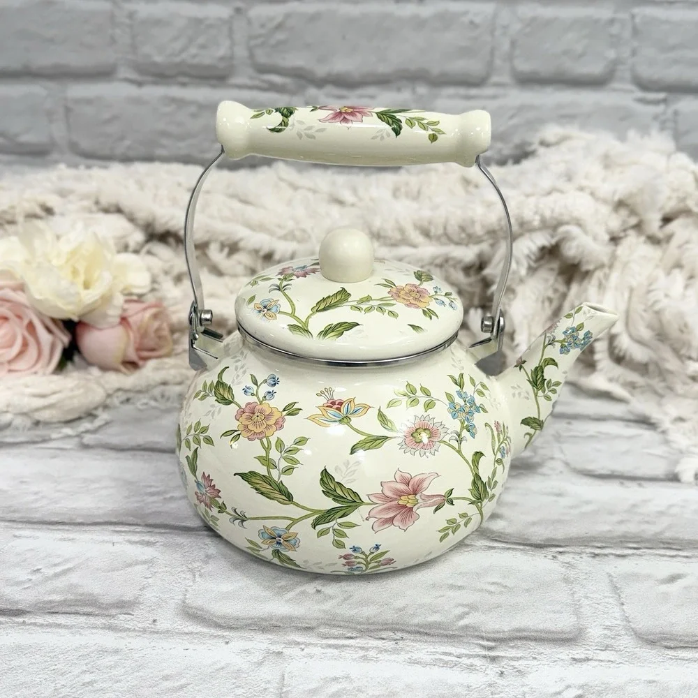 Floral Enamel Tea Pot Kettle Stove Top Porcelain  Cottage Core Farmhouse Nice! - Picture 4 of 15